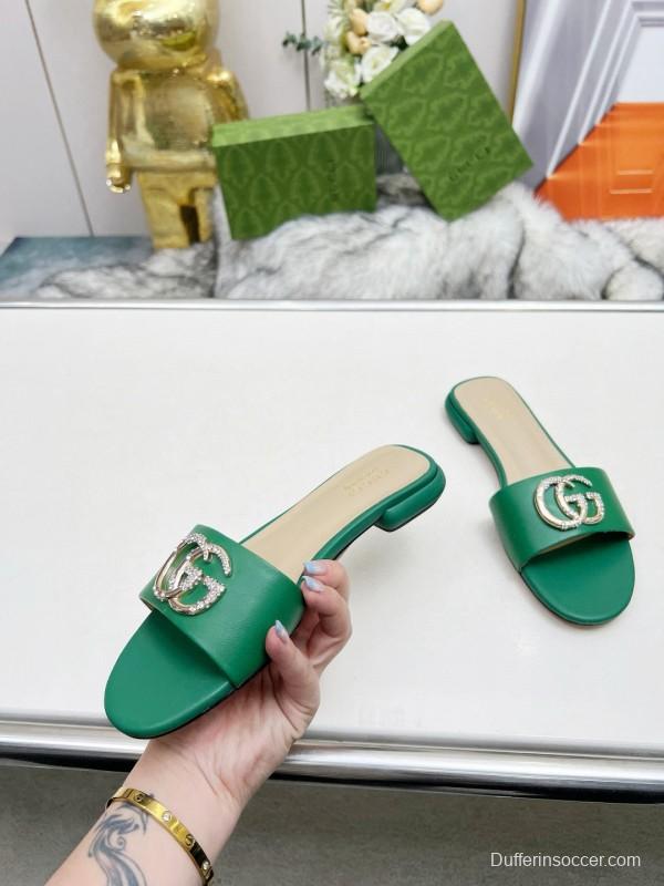 2025 Women Gucci Green Leather Flat Heel Slippers Double G Buckle MJ00190
