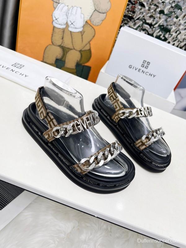 2025 Women GIVENCHY Brown Black Leather Chain Sandals LY00260