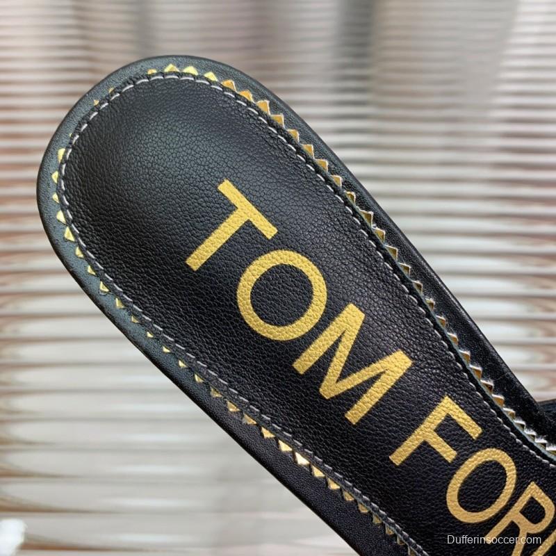 2025 Women TOM FORD Black Gold Leather Heeled Mules KFY00300