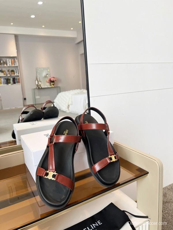 2025 Women Celine Brown Leather Flat Rome Sandals LY00220