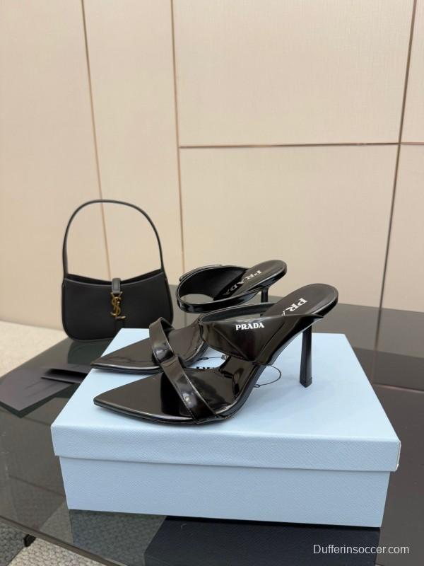 2025 Women Prada Black Leather Sandals