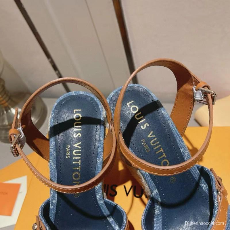 2025 Women Louis Vuitton Blue Denim Leather Espadrilles Sandals MJ00280