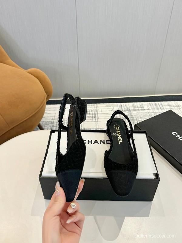 2025 Women Chanel Black Leather Bouclé Ballet Flats LY00240