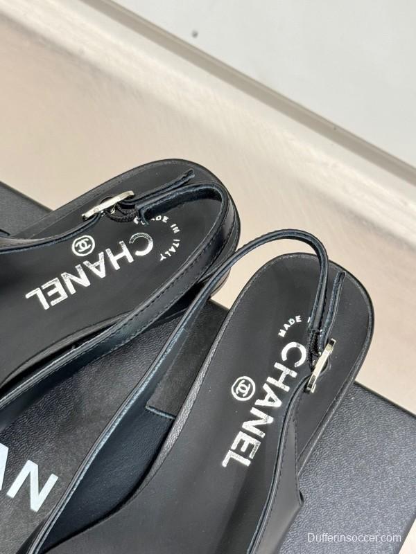 2025 Women Chanel Black Leather Slingback Flats