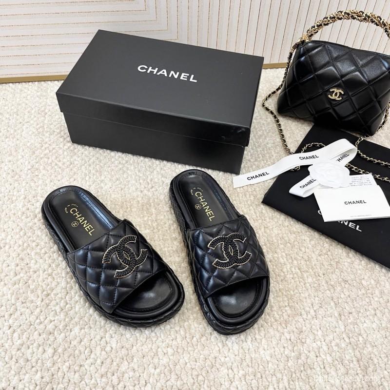 2025 Chanel Black Leather Slippers CC Stitching KFY00290