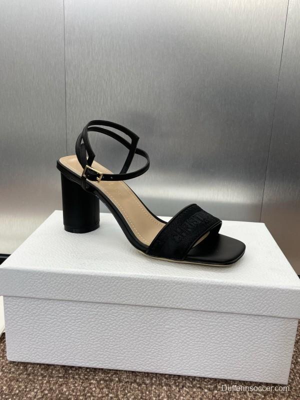 2025 Women Dior Black Leather Fabric Sandals