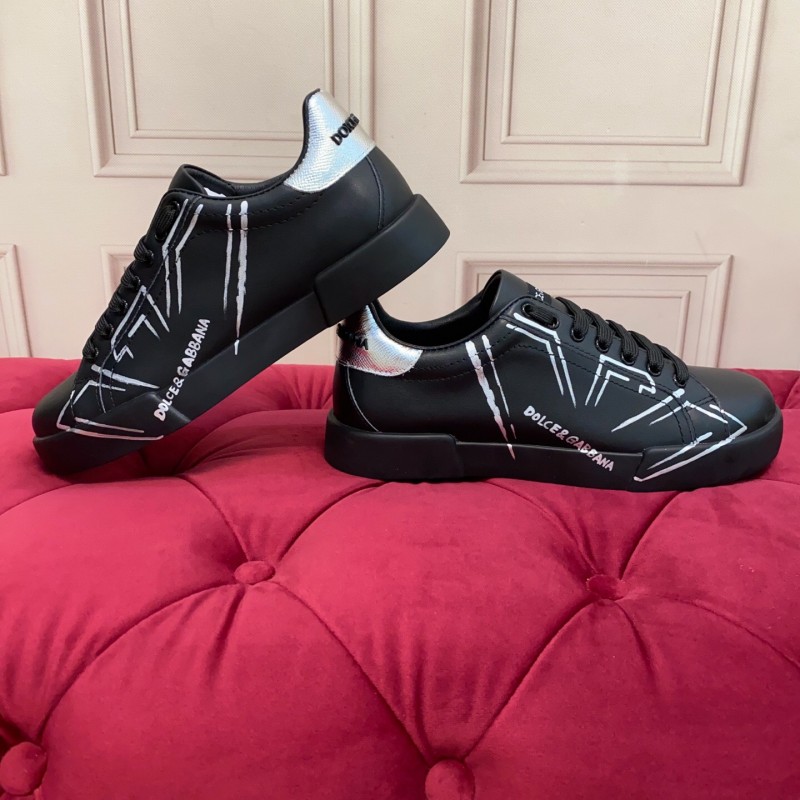 2025 Men Dolce & Gabbana Black Silver Leather Sneakers