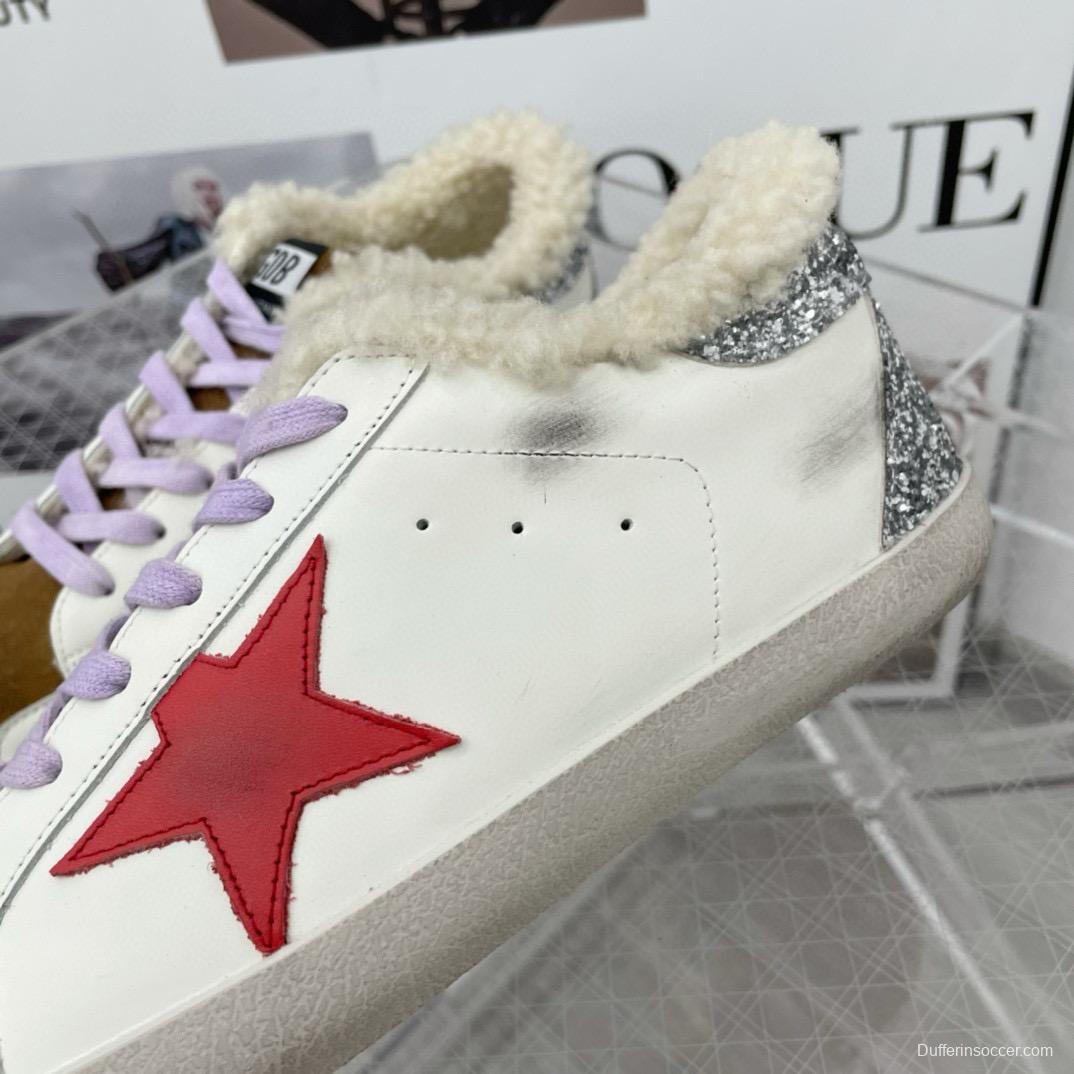 2025 Women GGDB White Red Brown Leather Shearling Sneakers