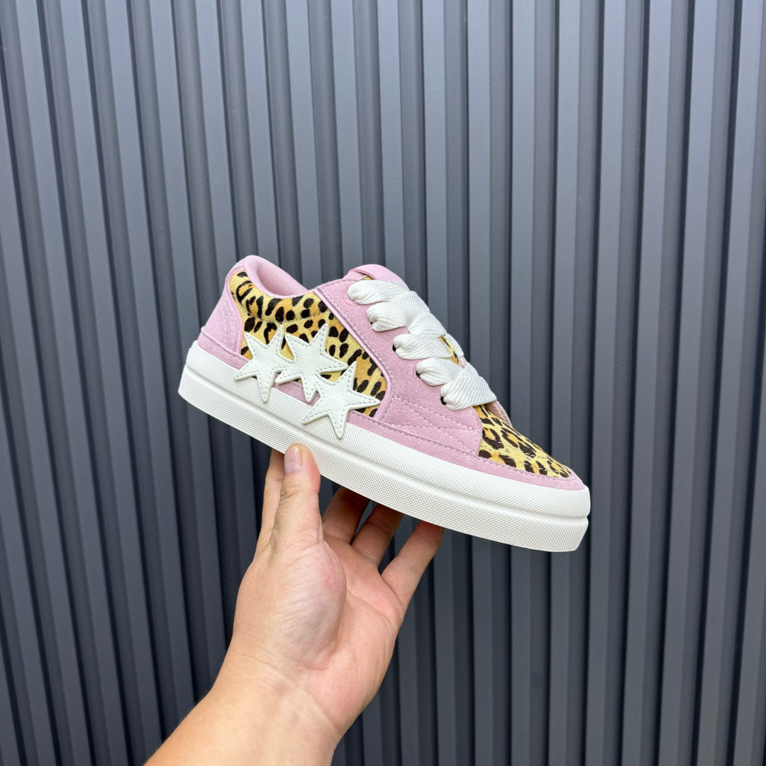 2024 Women Amiri Pink Leopard Canvas Leather Sneakers MJ00300