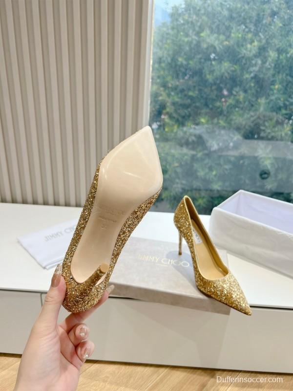 2025 Women Jimmy Choo Gold Crystal Leather Heels KFY00280