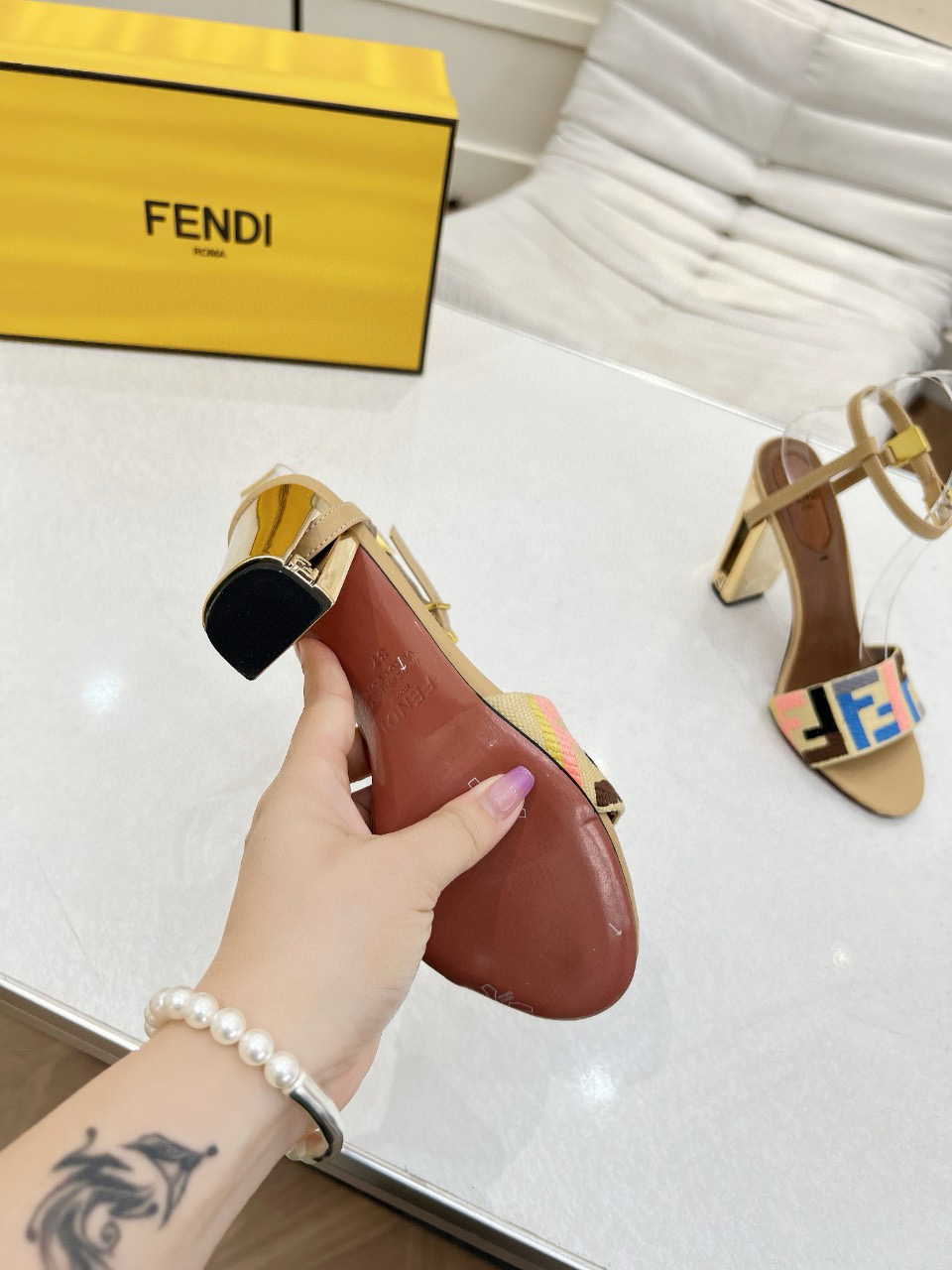 2025 Women Fendi Beige Canvas Leather High Heel Buckle MJ00280