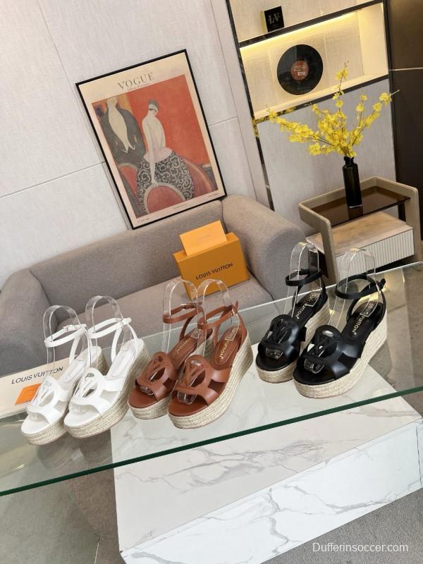 2025 Women Louis Vuitton Black Leather Espadrilles Sandals MJ00280