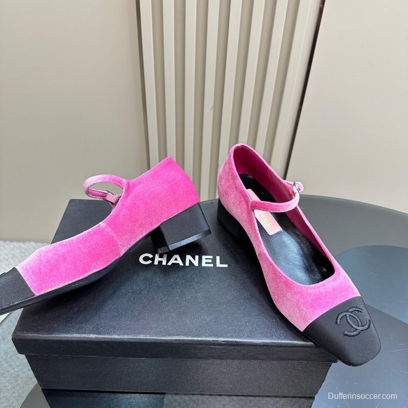 2025 Women Chanel Pink Black Velvet Mary Jane Shoes