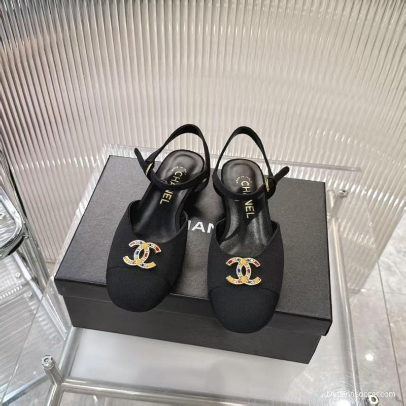 2025 Women Chanel Black Fabric Slingback Sandals