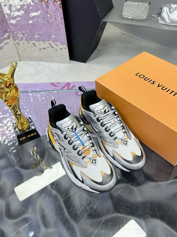 2025 Men Louis Vuitton Gradient Yellow White Leather Mesh Sneakers MJ00420