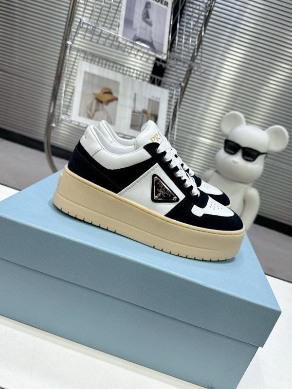 2025 Women Prada Black White Leather Suede Sneakers Downtown Bold KFY00310