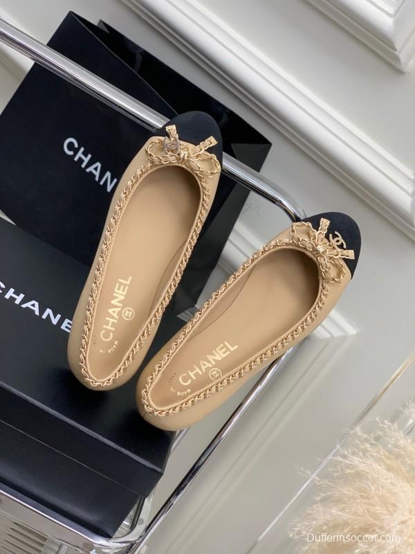 2025 Women Chanel Beige Black Leather Ballet Flats