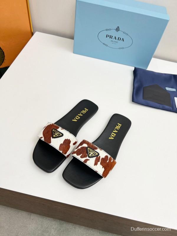 2025 Women Prada Brown White Calf Hair Leather Slippers LY00220