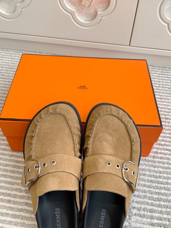 2025 Women Hermès Light Brown Suede Mule Handmade KFY00290