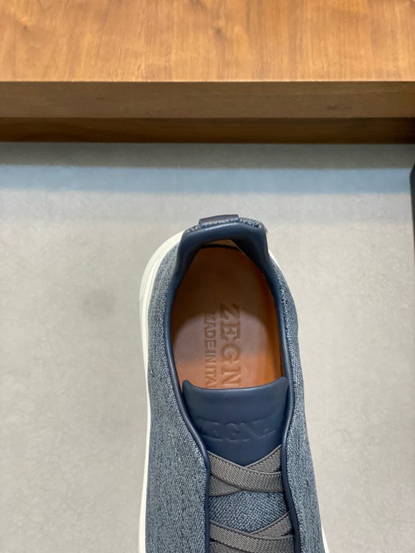 2024 Unisex Ermenegildo Zegna Grey Blue Pelletessuta Calfskin Sneakers Stretch Detail MJ00280