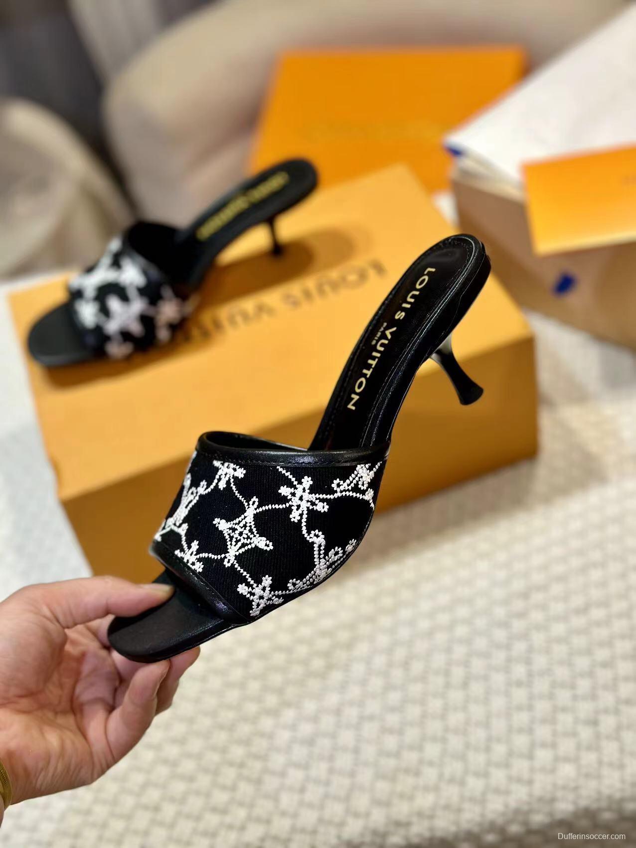 2025 Women Louis Vuitton Black White Embroidered Leather Heeled Sandals