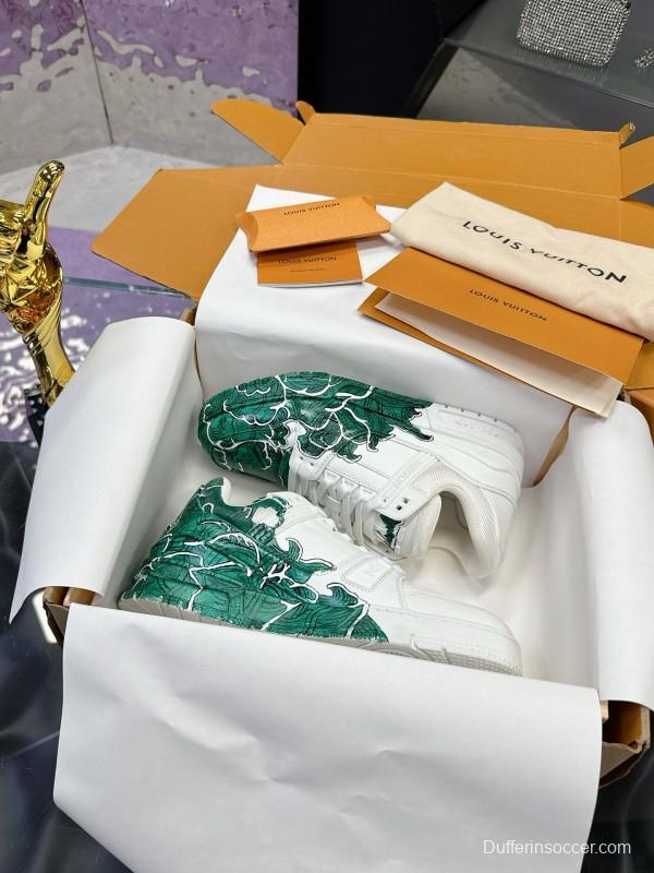 2024 Unisex Louis Vuitton Green White Leather Plimsolls Hand-Painted MJ00780