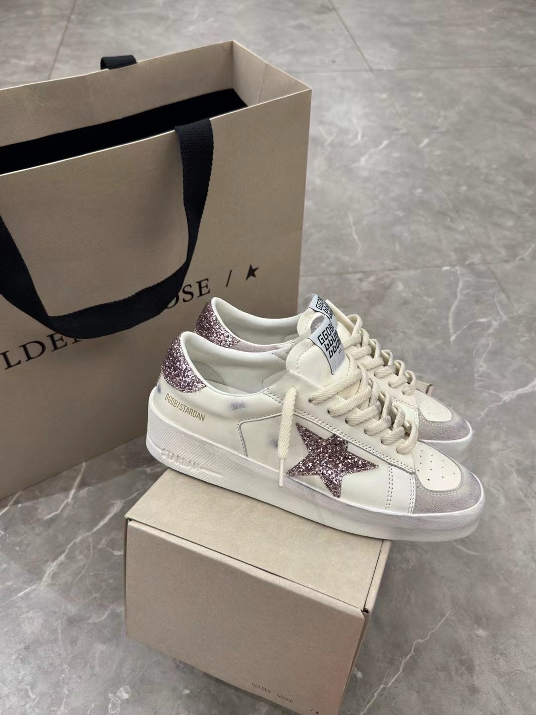 2024 Unisex GGDB White Pink Glitter Leather Suede Low Top Sneakers