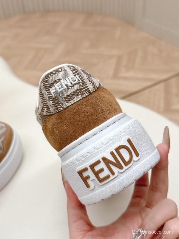 2025 Women Fendi Brown Beige Leather Mesh Sneakers LY00340