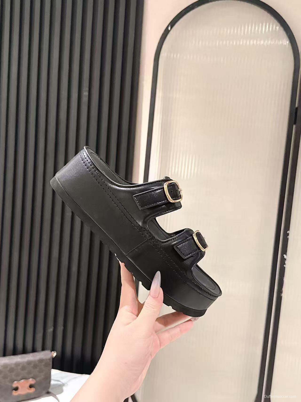 2025 Women Celine Black Leather Platform Slide Sandals LY00300