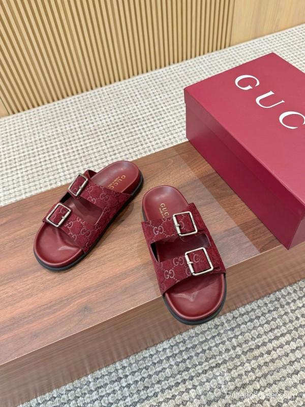 2025 Women Gucci Red Suede Leather Sandals Double Buckle LY00260