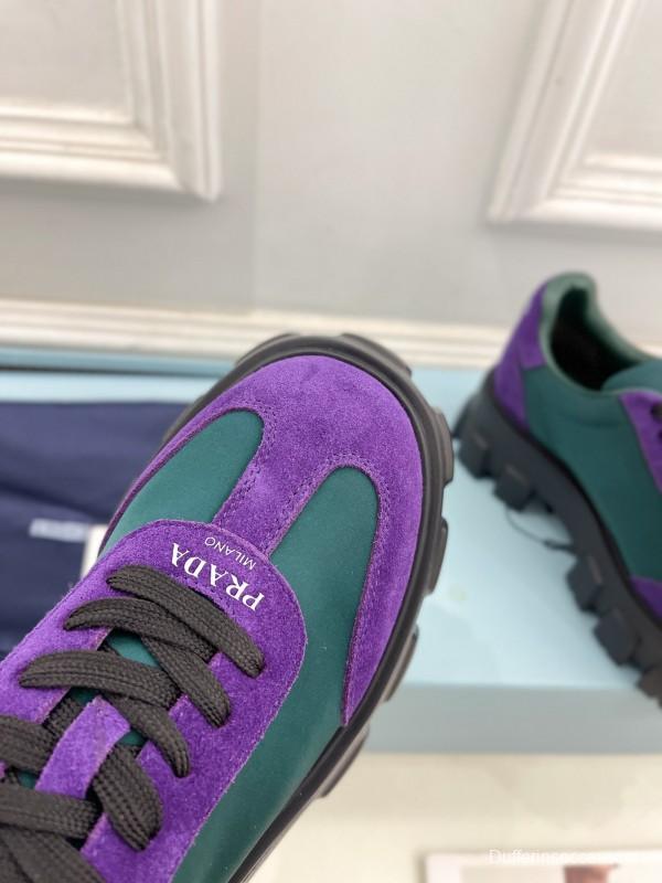2025 Unisex Prada Purple Green Suede Silk Sneakers KFY00310(F)/KFY00330(M)