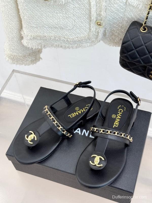2025 Women Chanel Black Leather Sandals KFY00250
