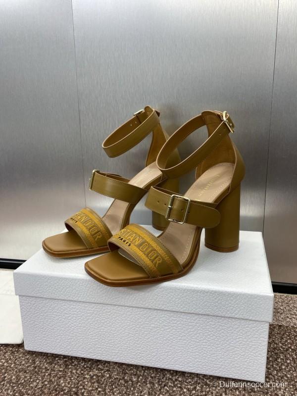 2025 Women Dior Yellow Leather Embroidered High Heel Sandals
