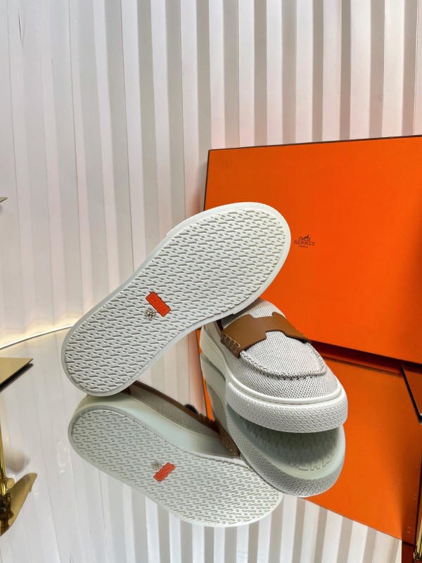 2025 Unisex Hermès White Brown Leather Fabric Loafers