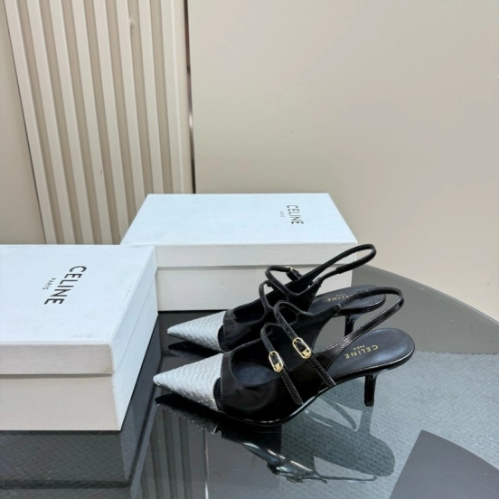 2025 Women Celine Black White Leather Pointed Toe Kitten Heel KFY00310