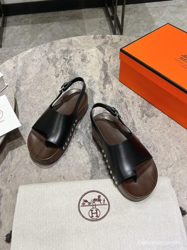2025 Women Hermès Black Leather Sandals