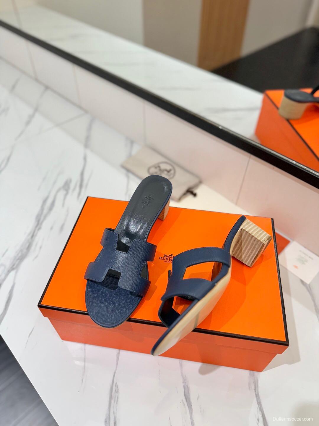 2025 Women Hermès Navy Leather Heeled Sandals