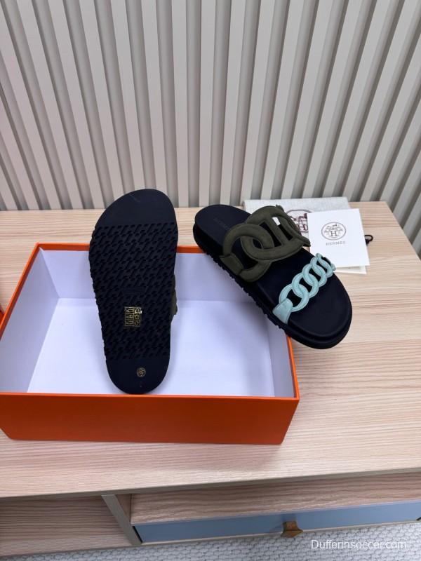 2025 Women Hermès Black Light Blue Leather Slippers