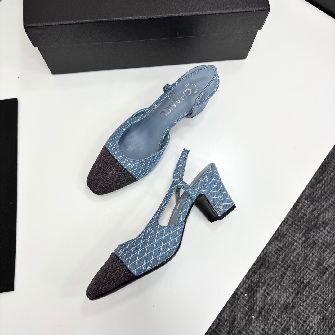 2025 Women Chanel Blue Grey Denim Leather Slingback Shoes