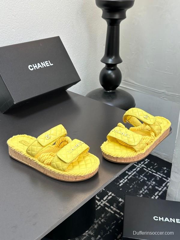 2025 CHANEL Yellow Quilted Fabric Slippers