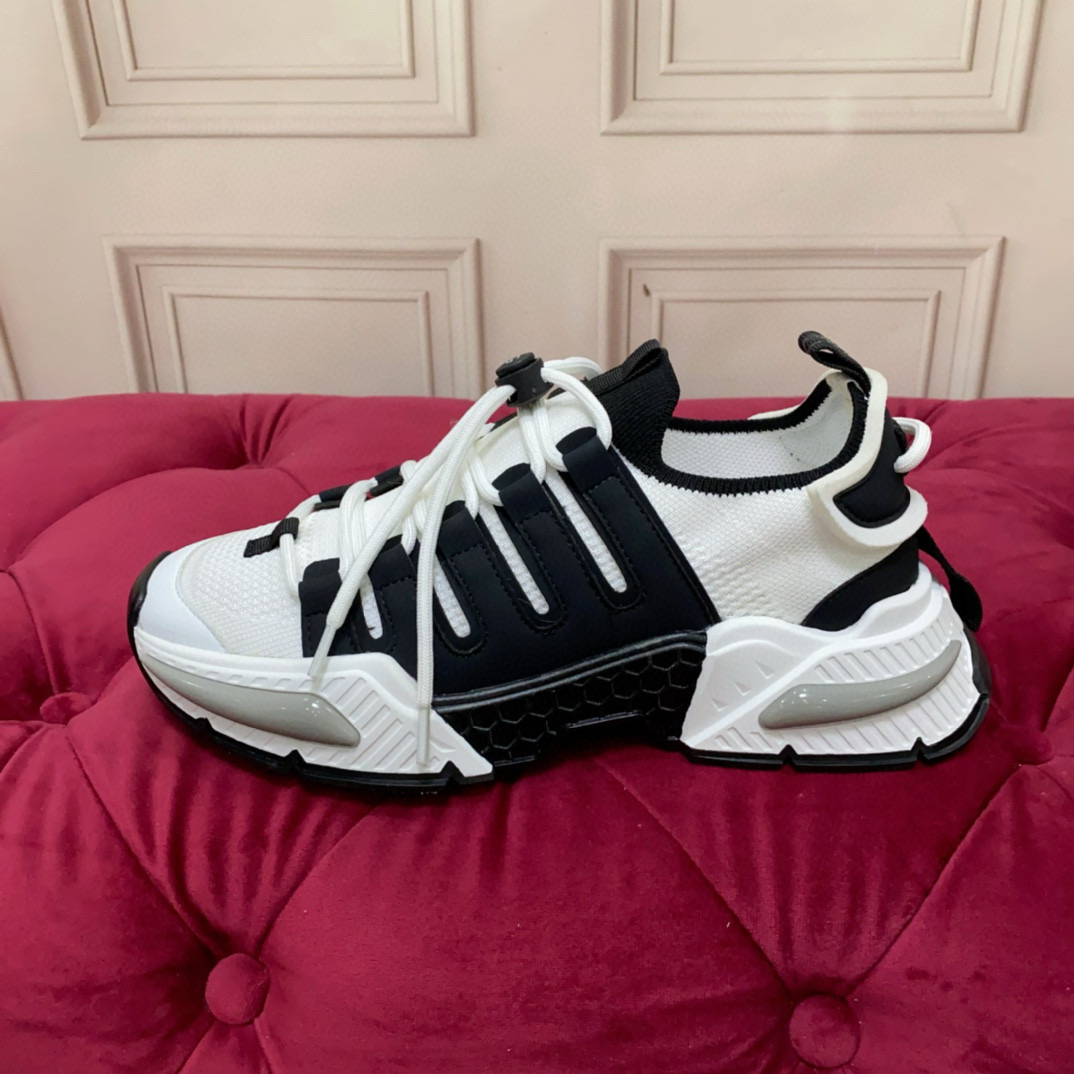 2024 Unisex Dolce & Gabbana Black White Knit Leather Sneakers MJ00340