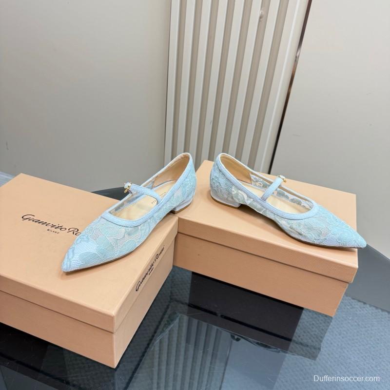 2025 Women Gianvito Rossi Light Blue Lace Leather Mary Jane KFY00260