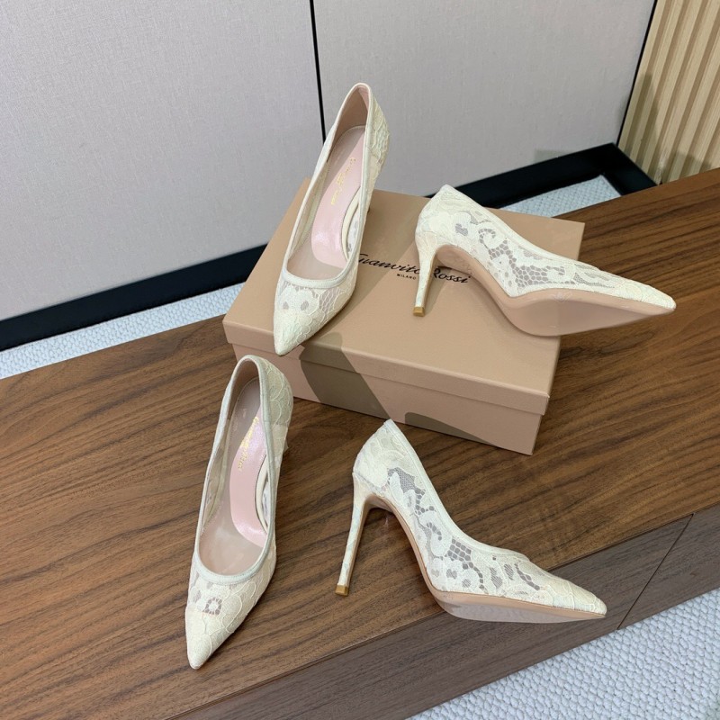 2025 Women Gianvito Rossi White Lace Leather Pumps KFY00280
