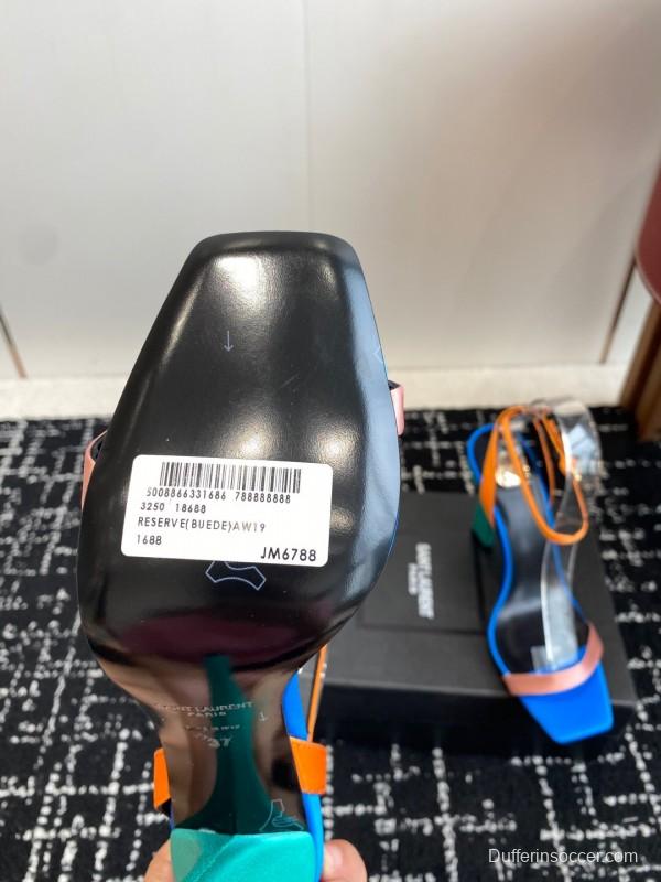 2025 Women Yves Saint Laurent Blue Orange Pink Leather Suede High Heel Sandals