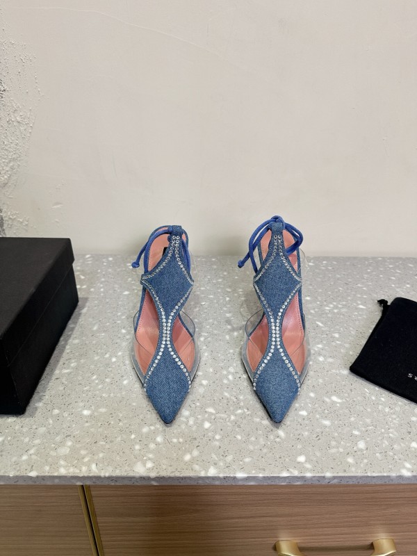 2025 Women Les Petits Joueurs Blue Denim Satin Leather Heels KFY00290