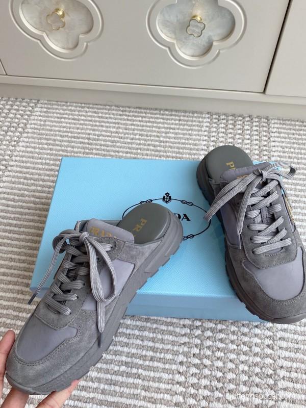 2025 Women Prada Grey Suede Nylon Sneakers LY00290