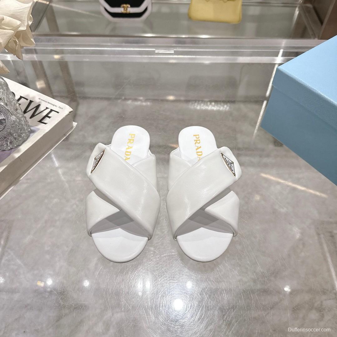 2025 Women Prada White Leather Slippers