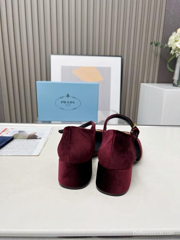 2025 Women Prada Burgundy Velvet Mary Jane Heel LY00270