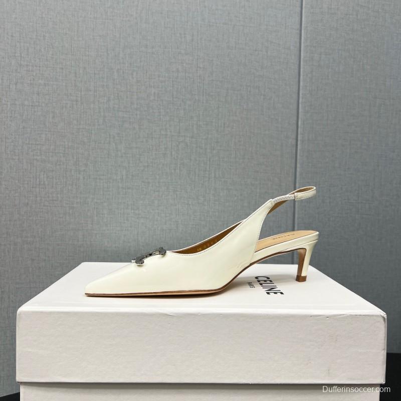 2025 Women Celine White Patent Leather Kitten Heel Pointed Toe Trimed KFY00290