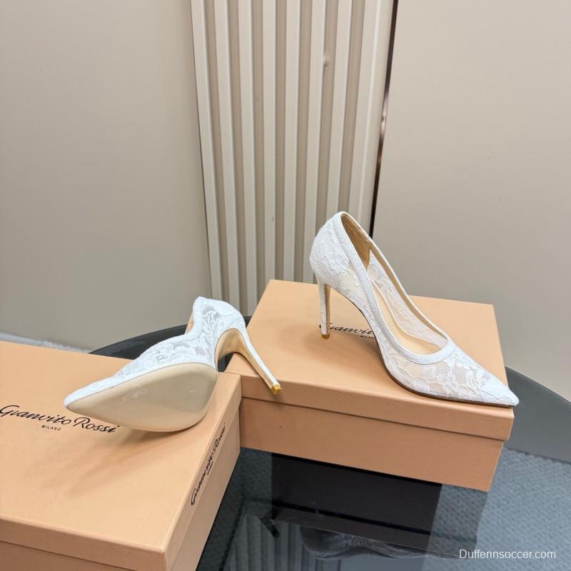 2025 Women Gianvito Rossi White Lace High Heel Shoes KFY00280